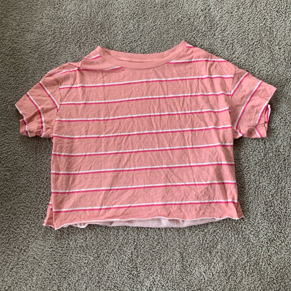 NWT PINK Striped Cropped Raw Hem Tee